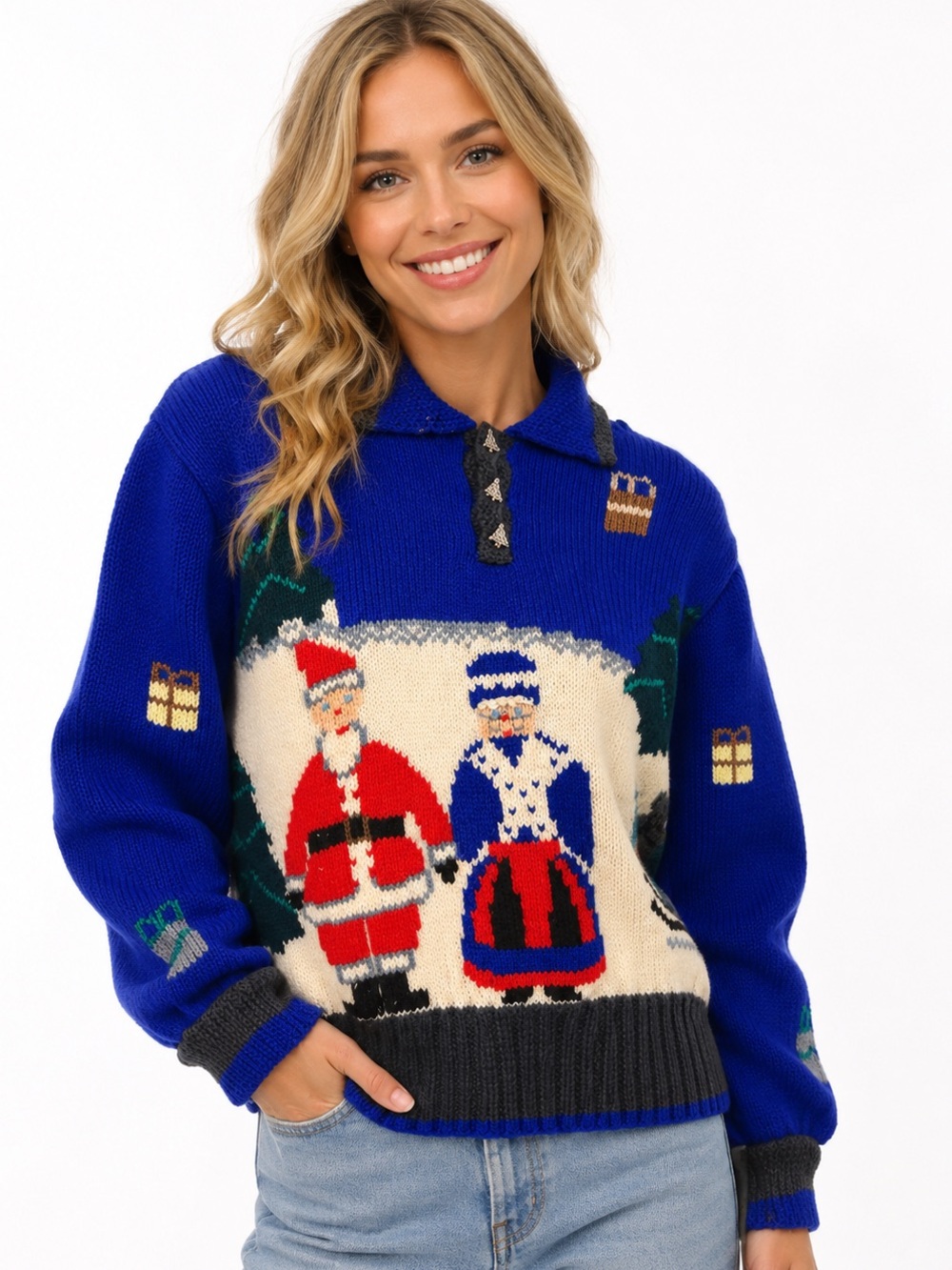 Berek Hand Knit Wool Christmas Sweater Santa North Pole M Vintage